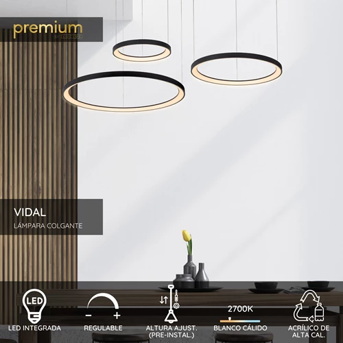Lucide VIDAL - Lámpara colgante - Ø 78 cm - LED Regul. - 1x120W 2700K - Negro | Premium - USP